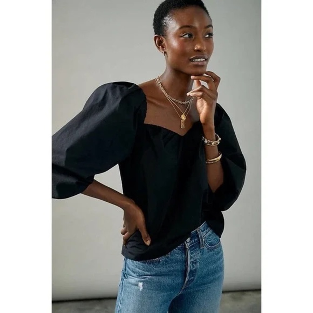 Anthropologie x Mare Mare Janine Black Sweetheart Puff Sleeve Cotton Blouse S